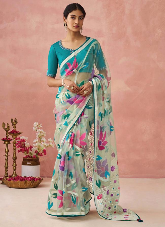 Brasso Teal Festival Wear Printed Saree